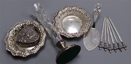 Mixed silver and white metal items including pair of bonbon dishes, skewers, heart shaped trinket box etc.